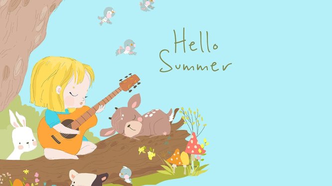 森林动物&吉他女孩卡通矢量插画 Cartoon Little Girl playing Guitar with Animals