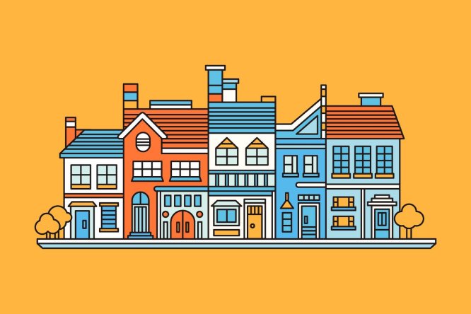 彩绘房屋线条矢量插画 A group of houses with painted edges